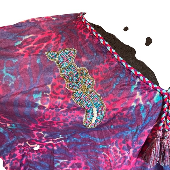 Karakorum Purple Pink Cotton Beaded Tassel Kaftan Caftan One Size XL - Picture 3 of 8